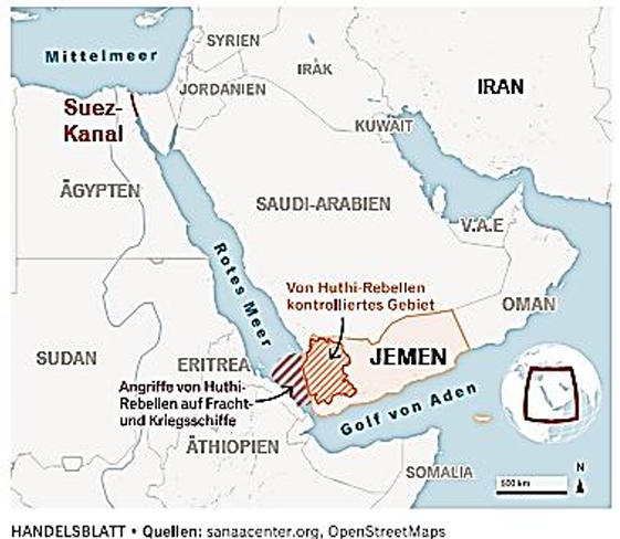 Karte: Jemen und Umgebung, markiertes Huthi-kontrolliertes Gebiet, Golf von Aden, Rotes Meer und Suezkanal